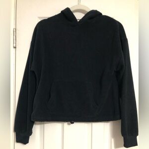 Hippie Rose black fleece hooded sweatshirt open front pocket women’s XS cropped‎